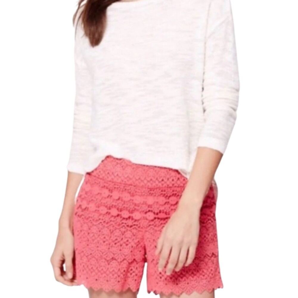 LOFT Coral Pink Riviera Lace Shorts Scalloped Hem Casual Summer Cute Size 2